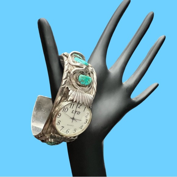 Vintage Navajo Watch Band Silver and Turquoise Cuff with Intertwining Snake. 95G - Picture 1 of 16
